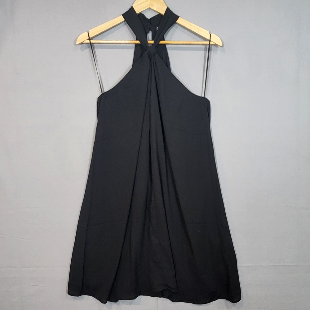 Krisa Halter Mini Dress Black Twist Neck Draped Front Women Size M NEW